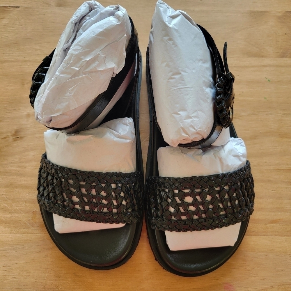 By Anthropologie Black Leather Ankle Strap Woven Sandals - Picture 5 of 9